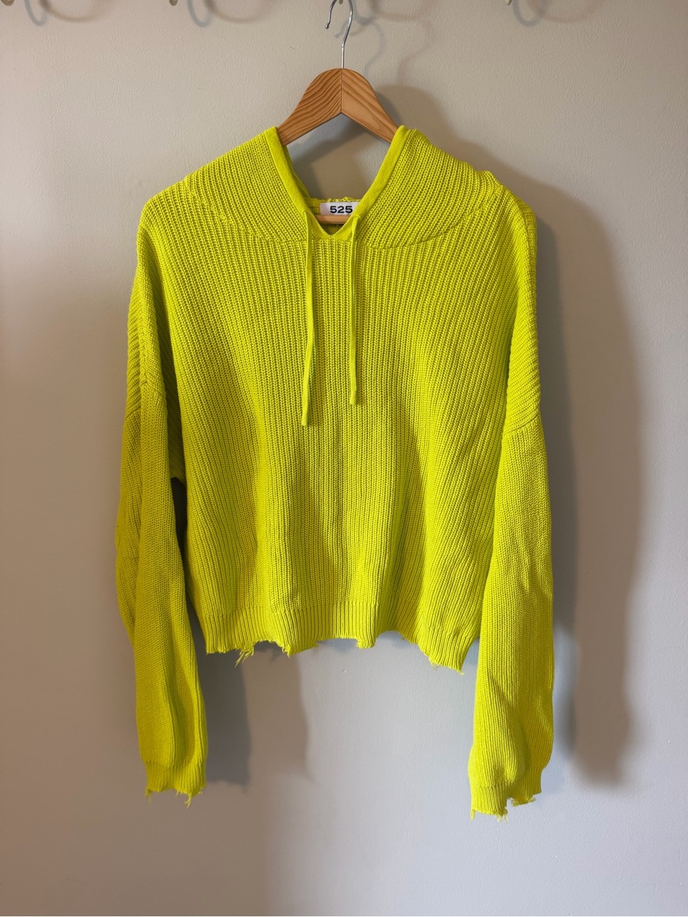 525 America Neon Chartreuse 100% Cotton Hooded Sweater Distressed Hem M